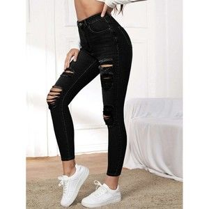 Black High Rise High Stretch Distressed Ripped Grunge Skinny Jeans Medium Size 6